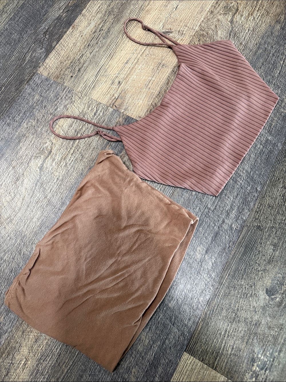 Better Be Ribbed Spaghetti Strap Crop Top and Brown Strapless Crop Top Bundle